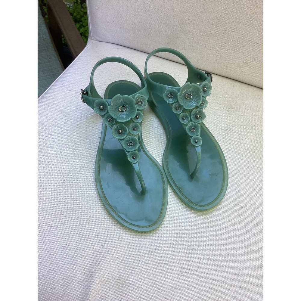 Coach Tea Rose Jelly Streps Thong Sandals Pink Size 7 B Marine Blue - Picture 2 of 6